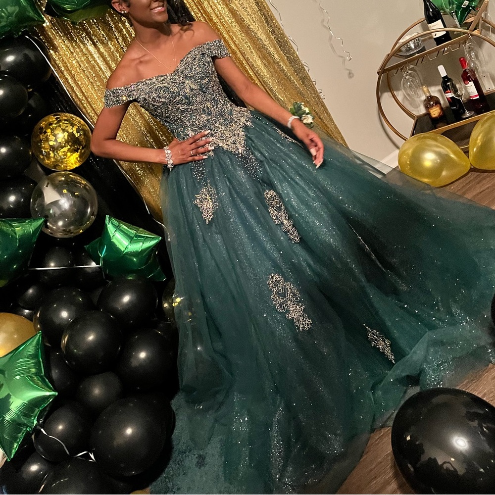 Elegant Green Off-Shoulder Gown with Gold Embellishments